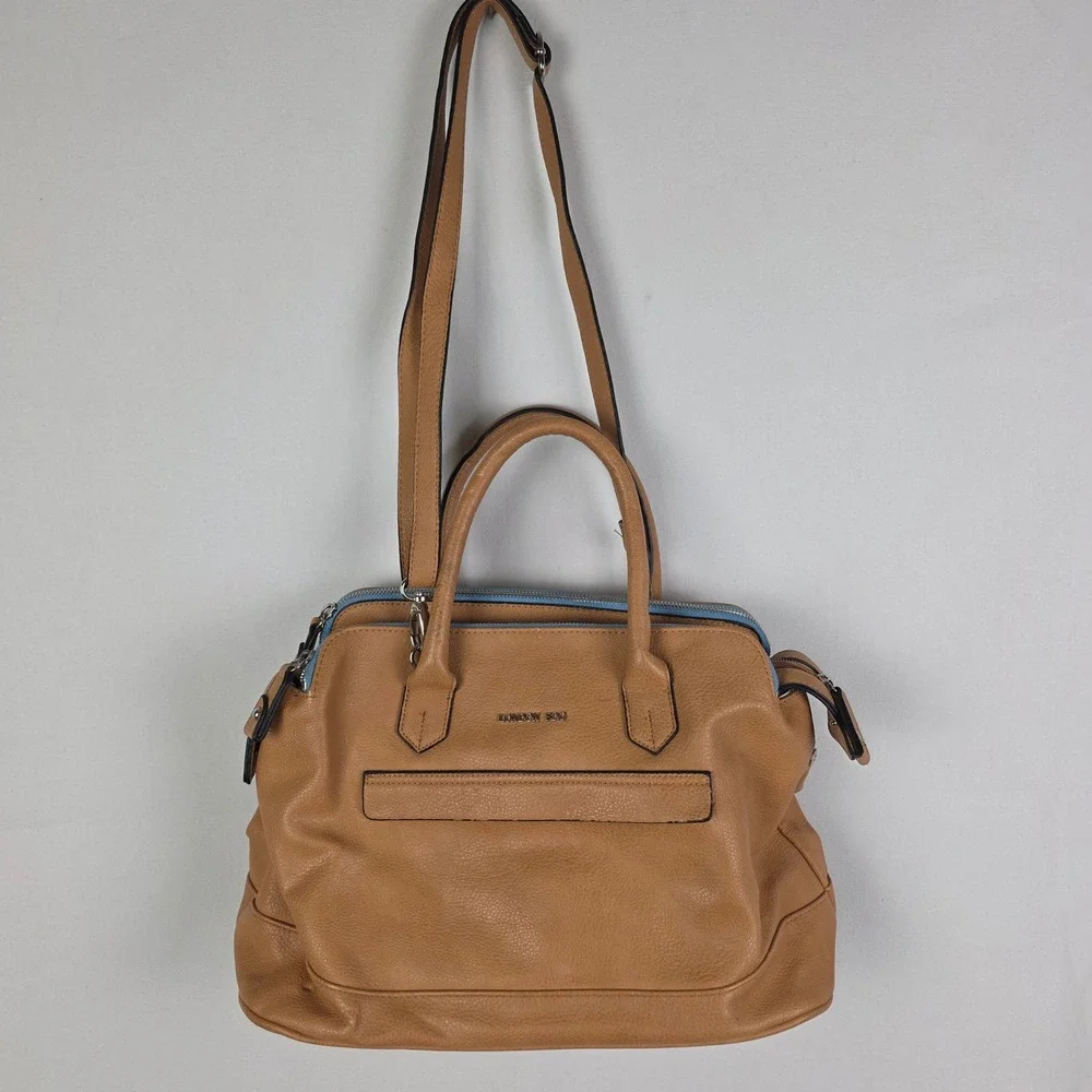 London Fog Tan Pebbled‎ Vegan Leather Satchel Crossbody Bag Blue Trim